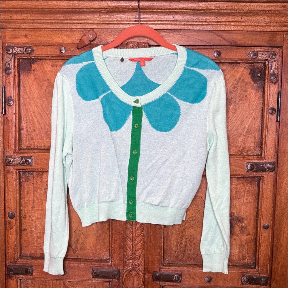 Modcloth Crop baby blue mint turquoise Green daisy flower knit Cardigan Sz L